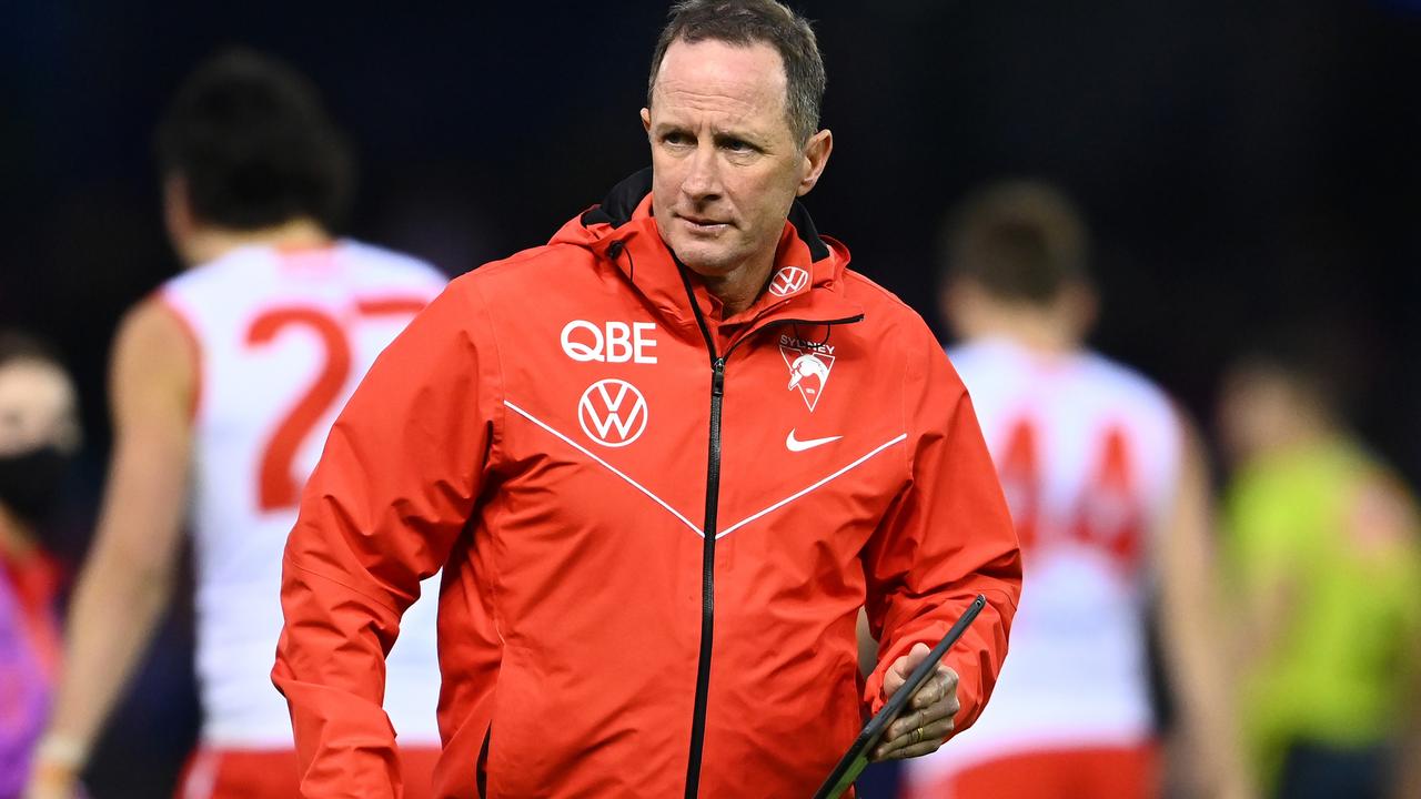 MELBOURNE, AUSTRALIA - JULY 11: Don Pyke the assistant coach of the Swans looks on during the round 17 AFL match between Western Bulldogs and Sydney Swans at Marvel Stadium on July 11, 2021 in Melbourne, Australia. (Photo by Quinn Rooney/Getty Images)