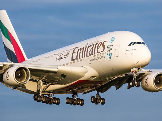 Zürich, Switzerland - July 03, 2016: Airbus A380 of Emirates Airline approaching Zurich airport