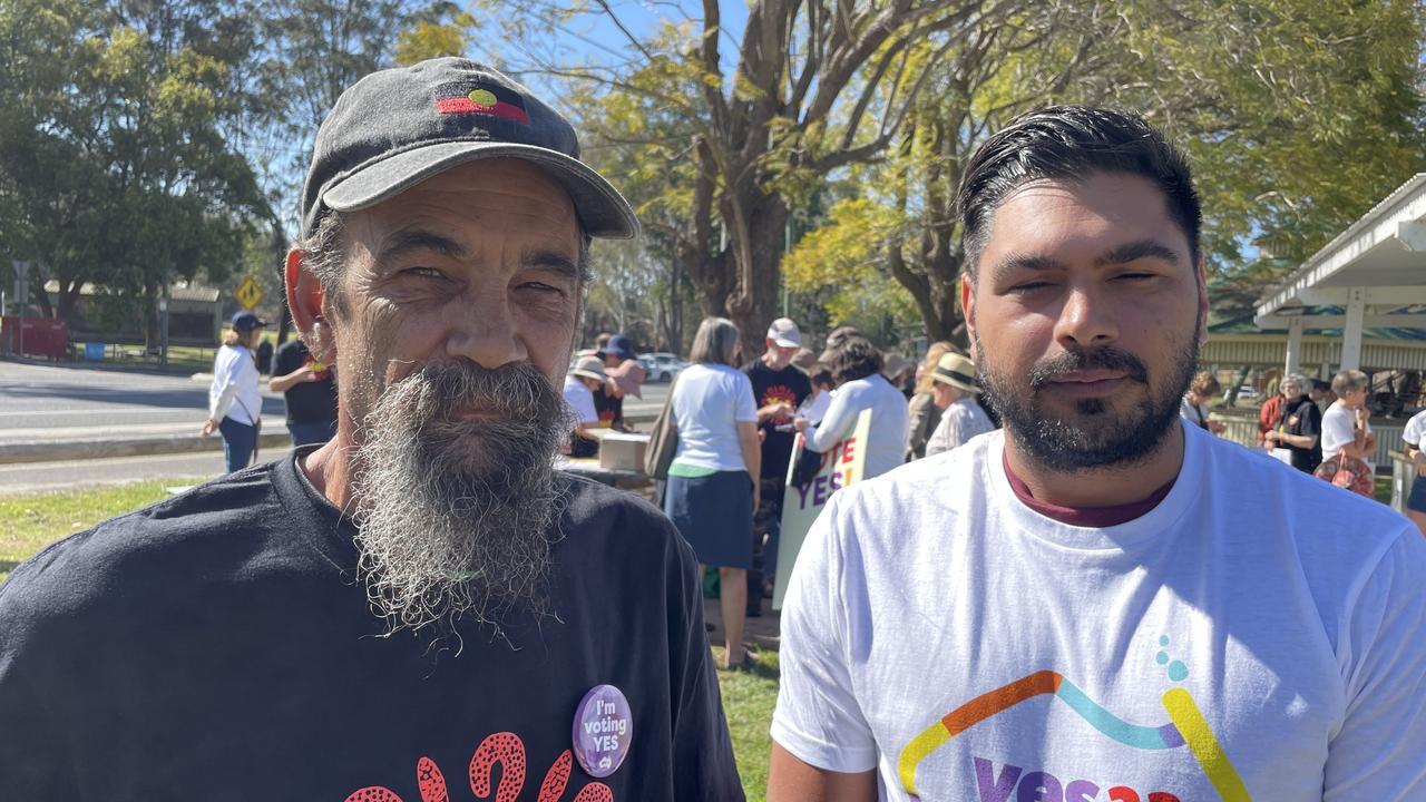 Emerging elder Russell Bennett and Lachlan Anderson at Gympie's Walk for Yes rally in support of an Aboriginal and Torres Strait Islander Voice to Parliament. Sunday, September 17, 2023. Picture: Christine Schindler