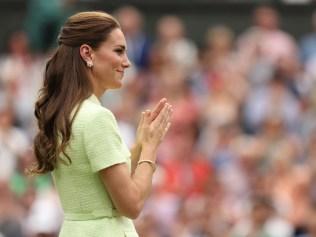 LONDON, ENGLAND - JULY 15: Catherine, Princess of Wales applauds Marketa Vondrousova of Czech Republic (not pictured) following her victory in the Women's Singles Final against Ons Jabeur of Tunisia on day thirteen of The Championships Wimbledon 2023 at All England Lawn Tennis and Croquet Club on July 15, 2023 in London, England. (Photo by Clive Brunskill/Getty Images)