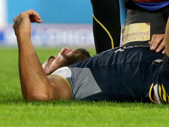 Cowboy's James Tamou down injured during the game between the Canterbury Bankstown Bulldogs and North Queensland Cowboys at ANZ Stadium,Homebush.Picture Gregg Porteous