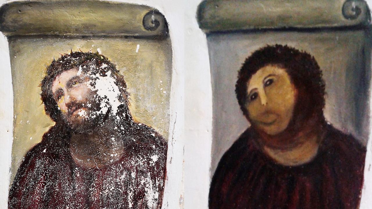 Before and after shots of the 20th century Ecce Homo-style fresco of Christ before (left) and (right) after elderly amateur artist Cecilia Gimenez took it upon herself to restore it. Picture: AP