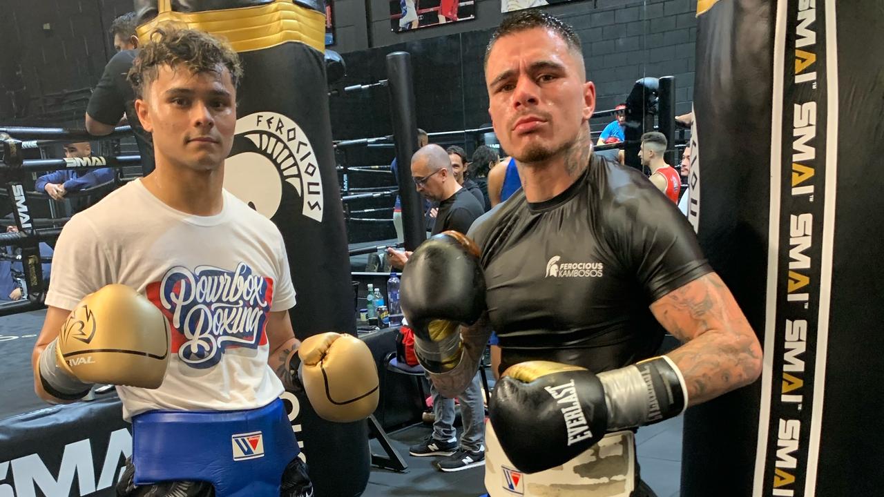 Kambosos Jr. and Buan pose together after a sparring session at the Ferocious Gym in Mortdale.