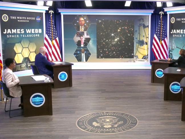 US President Joe Biden and Vice President Kamala Harris preview the first infrared images from the James Webb Space Telescope. Picture: NASA TV / AFP