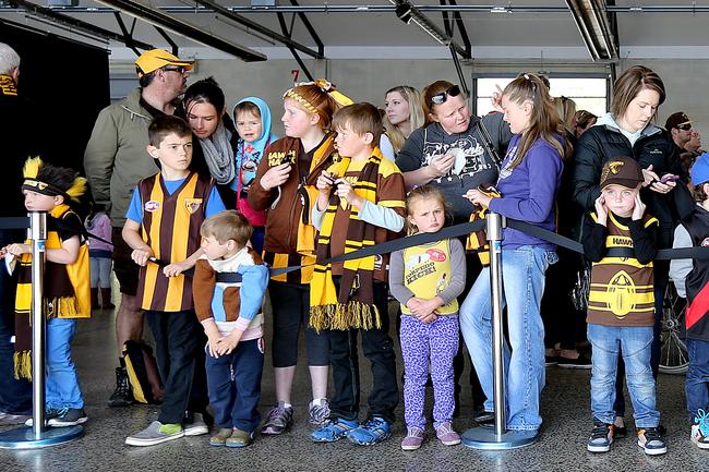 Fans wait to greet Hawthorn players at Princes Wharf in Hobart. Picture: SAM ROSEWARNE