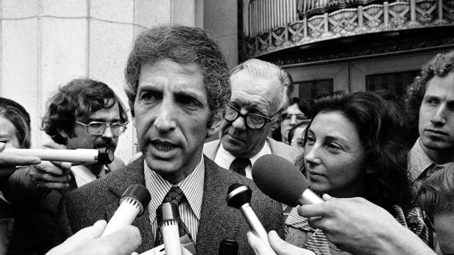 Daniel Ellsberg, co-defendant in the Pentagon Papers case, talks to media outside the Federal Building in Los Angeles in 1973. Picture: AP