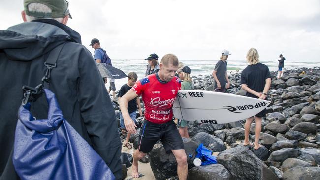 Mick Fanning leaves the surf at the Gold Coast Pro, Burleigh Heads. Picture: Glenn Campbell
