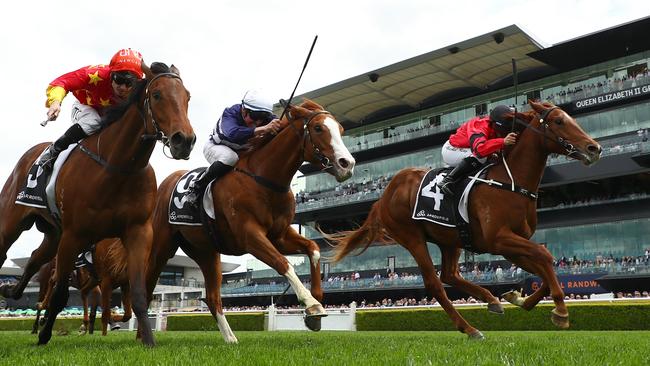 SYDNEY, AUSTRALIA - OCTOBER 05: Rachel King riding  King Kirk wins Race 2 Arrowfield Breeders' Plate during Sydney Racing at Royal Randwick Racecourse on October 05, 2024 in Sydney, Australia. (Photo by Jeremy Ng/Getty Images)