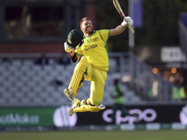 Australia's David Warner celebrates after scoring a brilliant century. Picture: AP