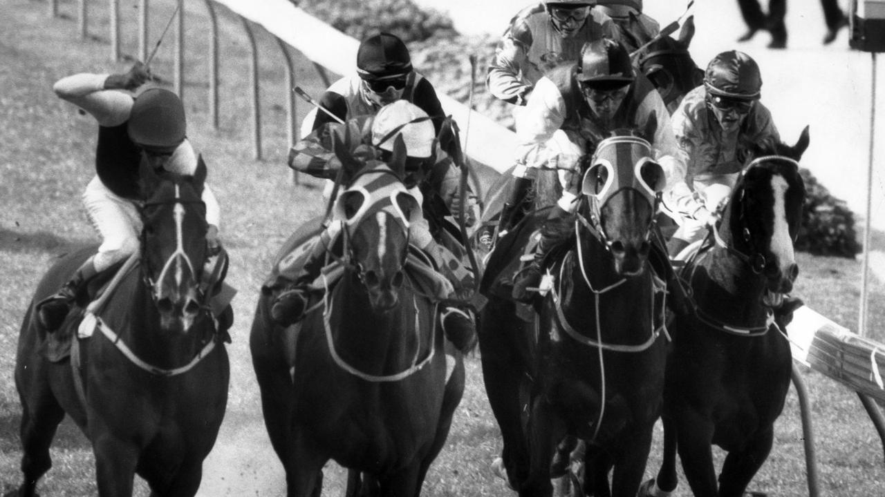 1992 Cox Plate. Moonee Valley. L-R: Jockey Greg Hall wins on Super Impose, Greg Childs on Let's Elope (front), Simon Marshall on Better Loosen Up, Shane Dye on Slight Chance. Race. Horse racing.