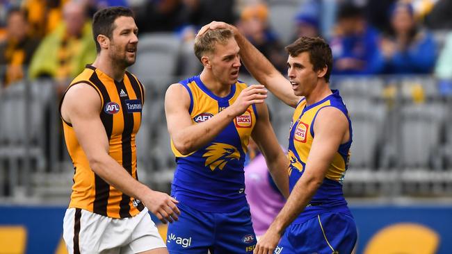 PERTH, AUSTRALIA - AUGUST 16: Oscar Allen of the Eagles celebrates a goal with Jamie Cripps during the 2020 AFL Round 12 match between the West Coast Eagles and the Hawthorn Hawks at Optus Stadium on August 16, 2020 in Perth, Australia. (Photo by Daniel Carson/AFL Photos via Getty Images)