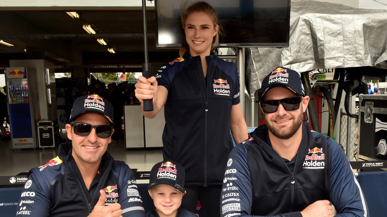 Watpac Townsville 400 Day One. Socials. Supercar drivers Jamie Whincup and Shane Van Gisbergen with Sam Asquith, 3, from Kirwan. Picture: Evan Morgan