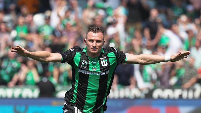 Besart Berisha of Western United FC celebrates his first of two goals against Central Coast Mariners at GMHBA Stadium in Geelong.