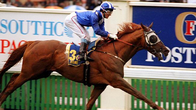 Jeune, ridden by jockey Wayne Harris, wins the 1994 Melbourne Cup.