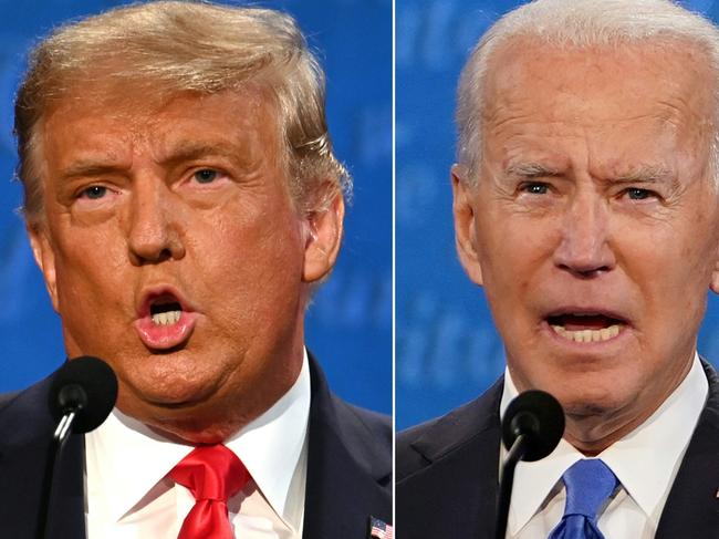 (COMBO) This combination of pictures created on October 22, 2020 shows US President Donald Trump and Democratic Presidential candidate and former US Vice President Joe Biden during the final presidential debate at Belmont University in Nashville, Tennessee, on October 22, 2020. (Photos by JIM WATSON and Brendan Smialowski / AFP)