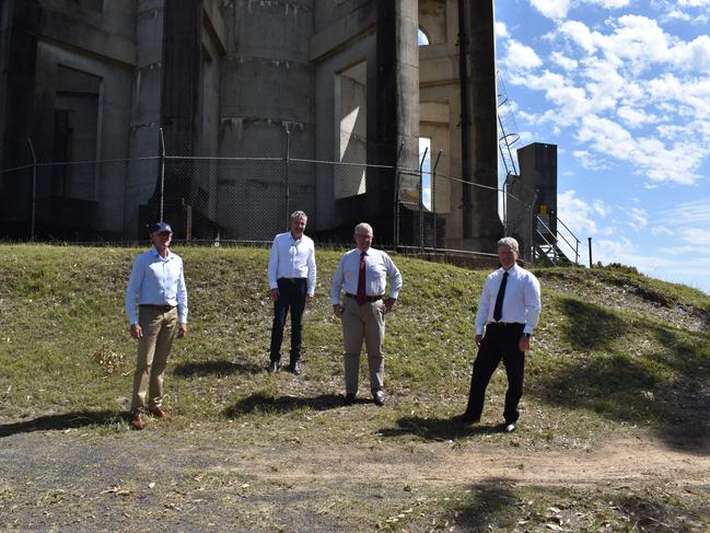 Page MP Kevin Hogan with Richmond Valley Council Mayor Robert Mustow and Federal Local Government Minister Mark Coulton and Richmond Valley Council general manager Vaughan Macdonald at the Casino water tower.