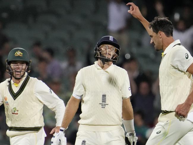 Mitchell Starc celebrates the wicket of Joe Root in the day/night Test at Adelaide Oval during last Ashes on Australian soil. Picture: Daniel Kalisz/Getty Images