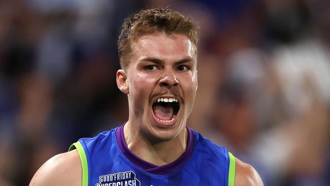 MELBOURNE . 07/04/2023.  AFL . Round 4. North Melbourne vs Carlton at Marvel Stadium .  Cameron Zurhaar of the Kangaroos celebrates a 3rd quarter goal  . Pic: Michael Klein