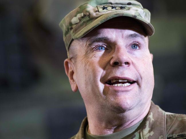 Lieutenant General Ben Hodges, commander of the United States Army Europe, speaks during the inauguration of the Army Prepositioned Stocks of Eygelshoven (APS-E), a military complex for American equipment in Eygelshoven,  on December 15, 2016. / AFP PHOTO / ANP / Piroschka van de Wouw / Netherlands OUT