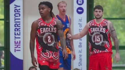 Kobe Powell (no. 2) and Lachlan Shipway (Eagles). Picture: Darwin Basketball Association