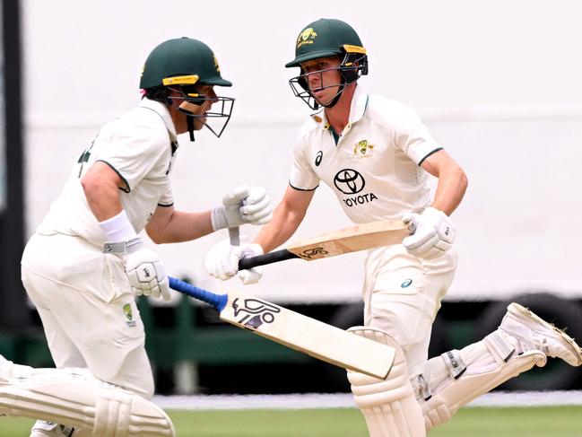 Australian batsmen Marcus Harris (L) and Nathan McSweeney were both in contention for selection. Picture: William West/AFP