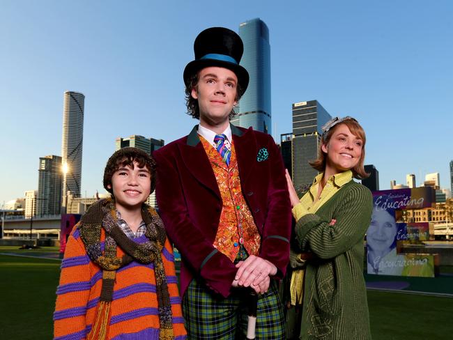 Cast of Charlie and the Chocolate Factory - Stephen Anderson (Willy Wonka), Lucy Maunder (Mrs Bucket) and Cooper Matthews (Charlie) ahead of the shows opening this weekend at QPAC, South Bank Wednesday 1st September 2021 Picture David Clark