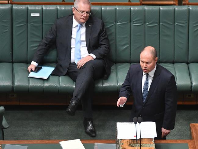 Treasurer Josh Frydenberg speaks at the dispatch box during the delivery of the coronavirus Economic Response Package Bill 2020 in the House of Representatives on April 08. Picture: Sam Mooy