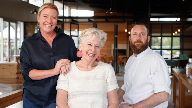 Elli Beer, Maggie Beer and chef Tim Bourke at The Farm Eatery. Picture Matt Turner