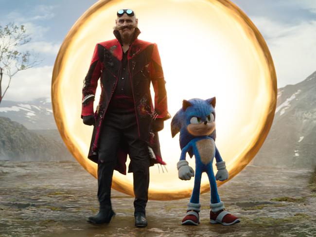 Jim Carrey as Ivo Robotnik and Sonic (Ben Schwartz) in Sonic the Hedgehog 3.