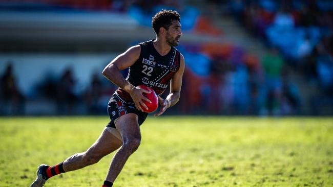 Marlion Pickett playing for the Tiwi Bombers against St Mary's in the 2024-25 NTFL semi-finals. Picture: Patch Clapp / AFLNT Media