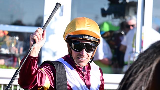 Ryan Maloney wins his first Queensland Group 1 aboard the Peter and Paul Snowden trained Huetor in the Doomben Cup. Picture: Grant Peters – Trackside Photography