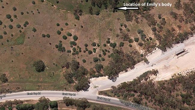 The location where Emily’s remains were found, near the quarry on Black Top Rd, Hillbank.