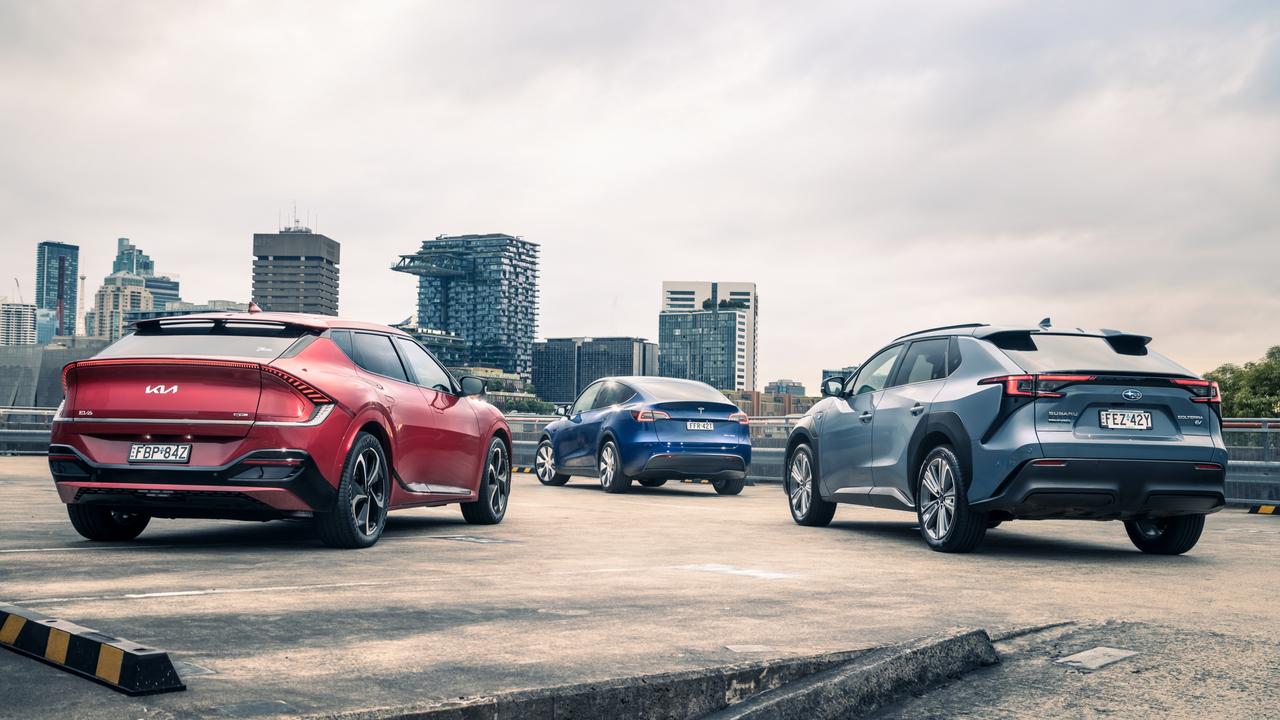 The Kia EV6, Tesla Model Y and Subaru Solterra. Photo: Thomas Wielecki