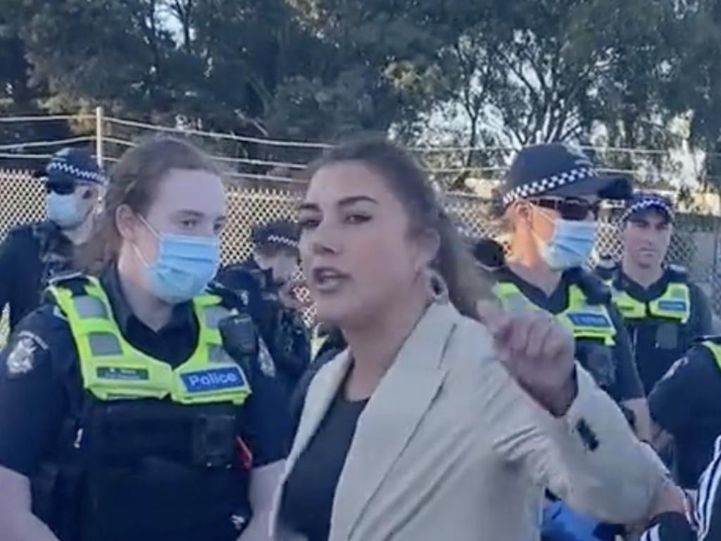 Greens Senator Lidia Thorpe confronts police at Tuesday’s protest. Photo: Twitter/@SenatorThorpe
