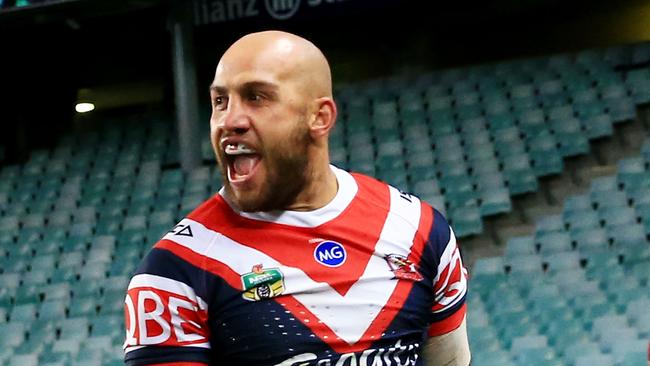 SYDNEY, AUSTRALIA — JUNE 15: Blake Ferguson of the Roosters celebrates a try during the round 15 NRL match between the Sydney Roosters and the Penrith Panthers at Allianz Stadium on June 15, 2018 in Sydney, Australia. (Photo by Mark Evans/Getty Images)