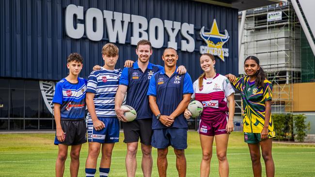 Chace Kennedy, 13 (Lions), Blaize Goodwin, 14 (Brothers), former Cowboys Michael Morgan and Ray Thompson, Ava Wagner, 16 (Souths) and Aleeah Michael, 16 (Upper Ross). Picture: Alix Sweeney / Cowboys Media