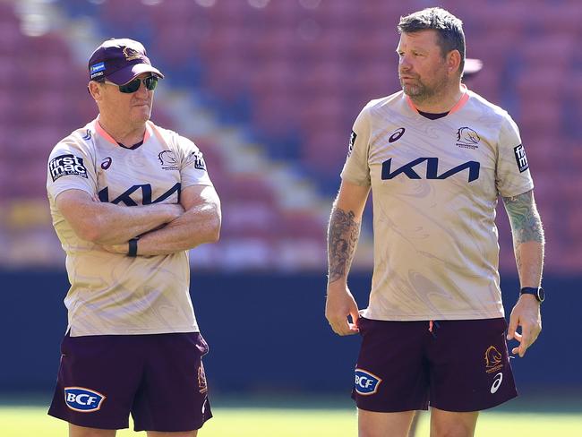 Kevin Walters, Lee Briers and the Broncos team train at Suncorp Stadium ahead of their semi-final against the Melbourne Storm on Friday. Pics Adam Head