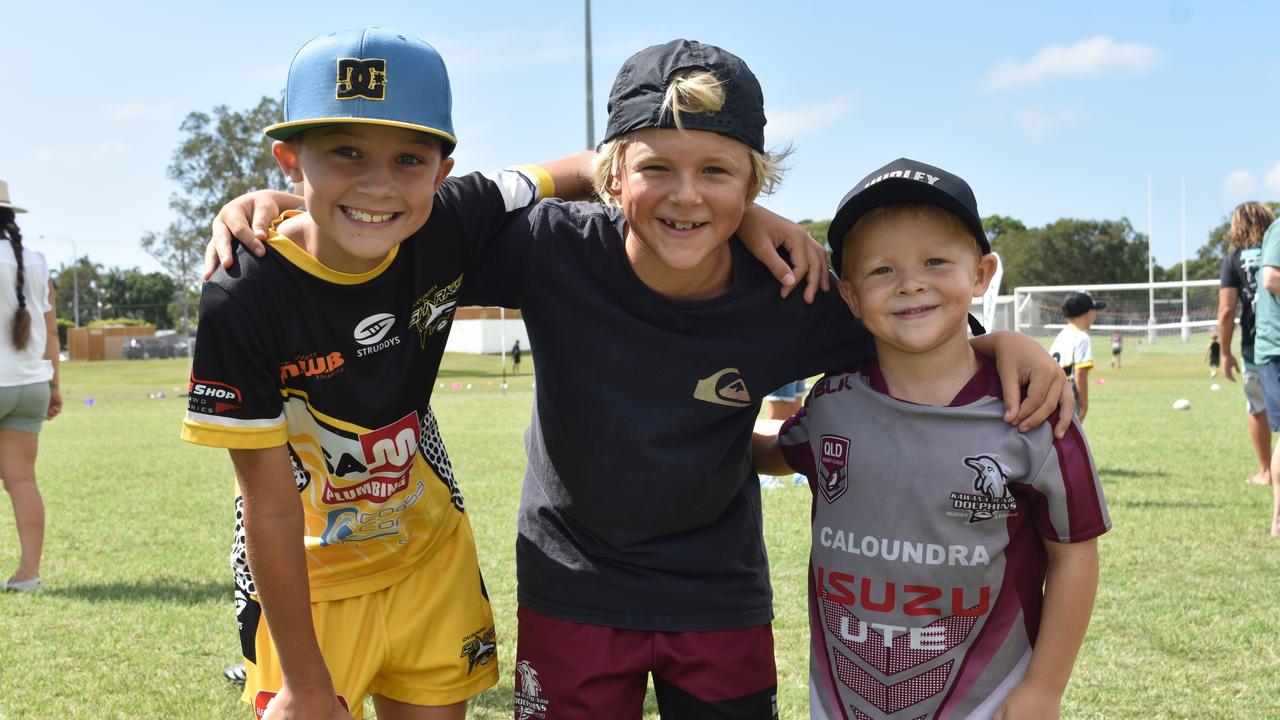 Liam Bird with Kodi and Kai Lambert at the Play Something Unreal rugby league clinic in Kawana. Picture: Sam Turner