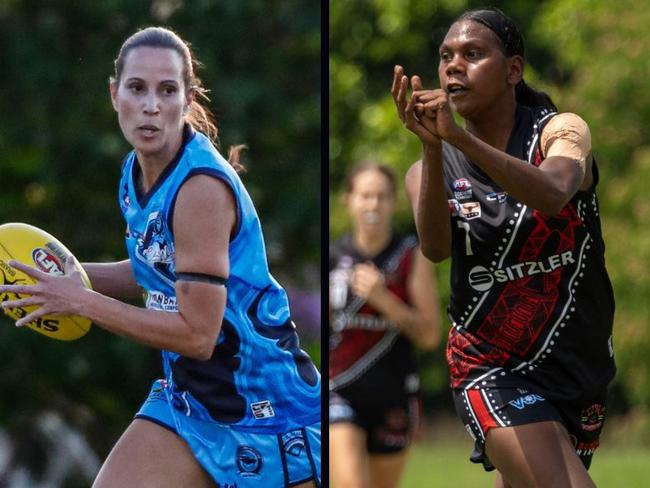 Kylie Duggan of the Darwin Buffaloes and Maria Rioli of the Tiwi Bombers in the 2024-25 NTFL season.