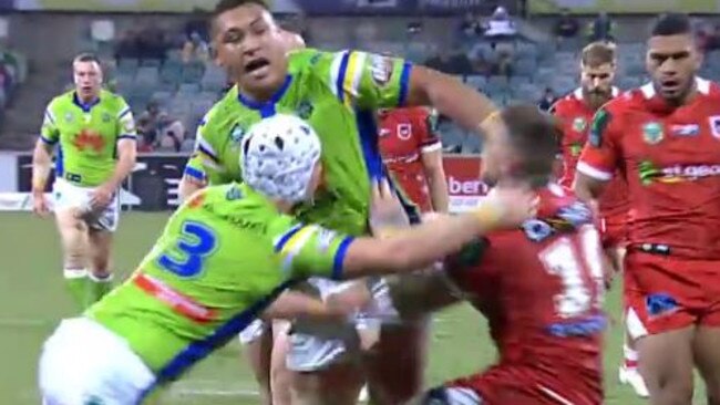 Josh Papalii floors Josh Dugan with a shoulder charge.