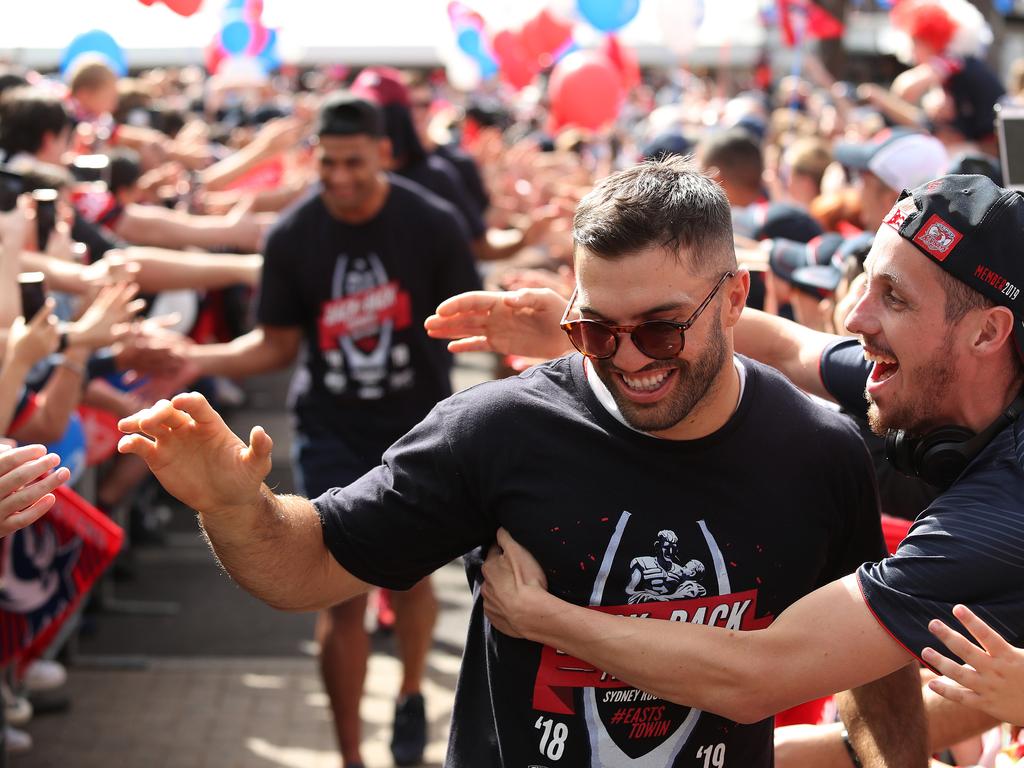 James Tedesco during the Sydney Roosters fan day outside the Hordern Pavilion, Sydney after the Roosters 2019 NRL Premiership win. Picture: Brett Costello