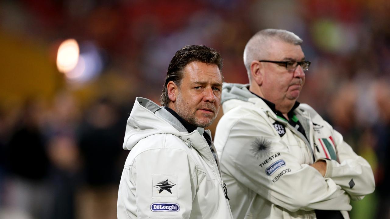 Russell Crowe during the NRL match between the Brisbane Broncos and the South Sydney Rabbitohs in Brisbane. Pic Darren England.