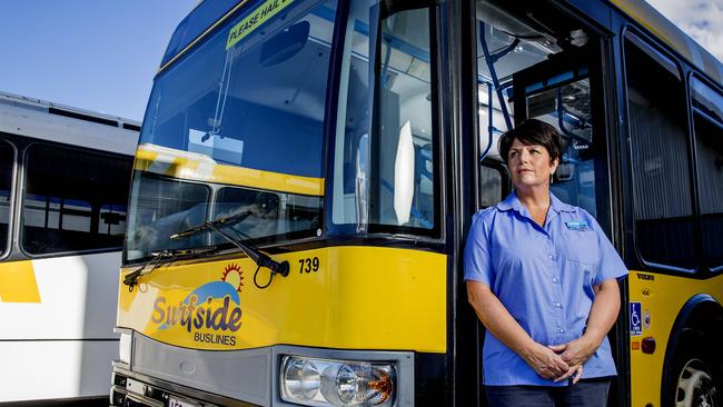 Surfside Buslines was purchased by AATS Group, now Kinetic, in 2017 as part of a $200 million deal for Transit Australia Group. Pictured is Surfside Buslines driver Kaylene Kreuzer at the Upper Coomera depot. Picture: Jerad Williams