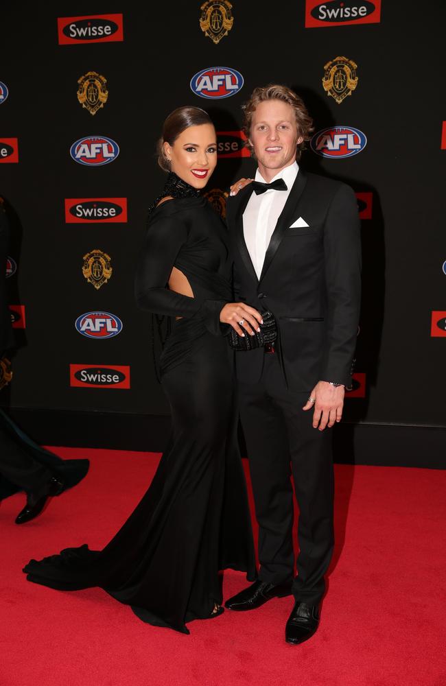 Rory Sloane of Adelaide and partner Belinda Riverso arrive on the red carpet for the 2015 AFL Brownlow Medal presentation held at Crown Casino on Monday, September 28, 2015, in Melbourne, Victoria, Australia. Picture: Tim Carrafa