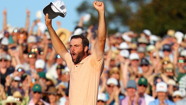 World No.1 Scottie Scheffler celebrates his second Masters triumph on the 18th green at Augusta National Picture: Getty Images