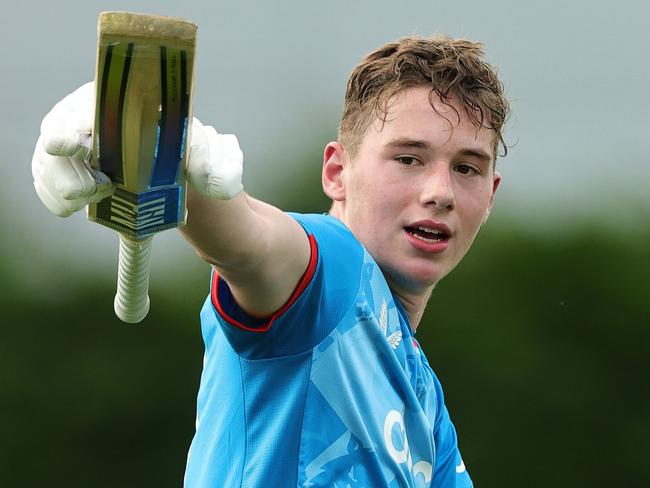 LOUGHBOROUGH, ENGLAND - JUNE 24:  Rocky Flintoff of England U19's celebrates after scoring a century during the Invitational XI match between England U19's and Young Lions Invitational XI match at Haslegrave Ground on June 24, 2024 in Loughborough, England. (Photo by David Rogers/Getty Images)