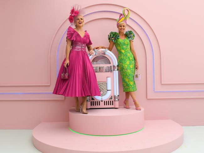 Fashions on the Field contestants pose for a photograph. Picture: AAP Image/James Ross