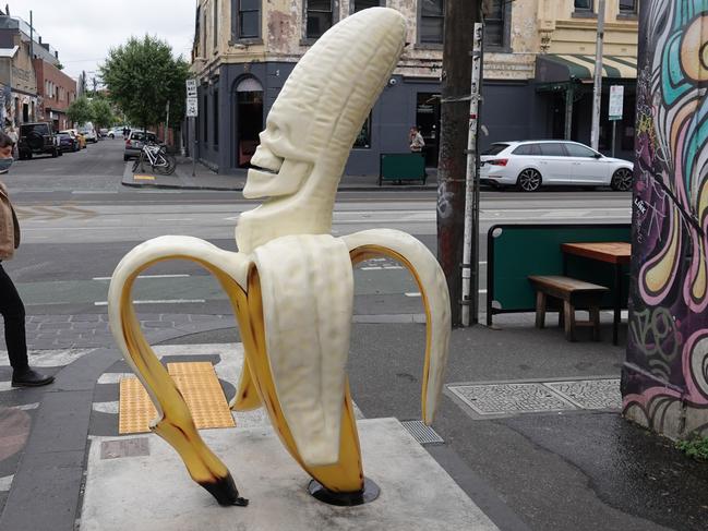 The controversial banana sculpture was removed after it was targeted by vandals Picture: Alex Coppel.