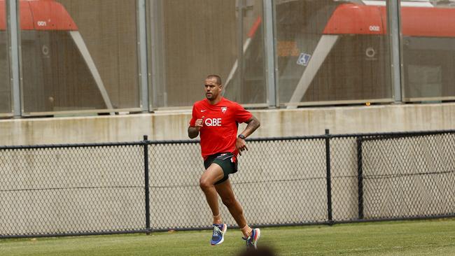 Ahead of his 17th AFL season, Lance Franklin joins Sydney Swans training. Picture: Phil Hillyard