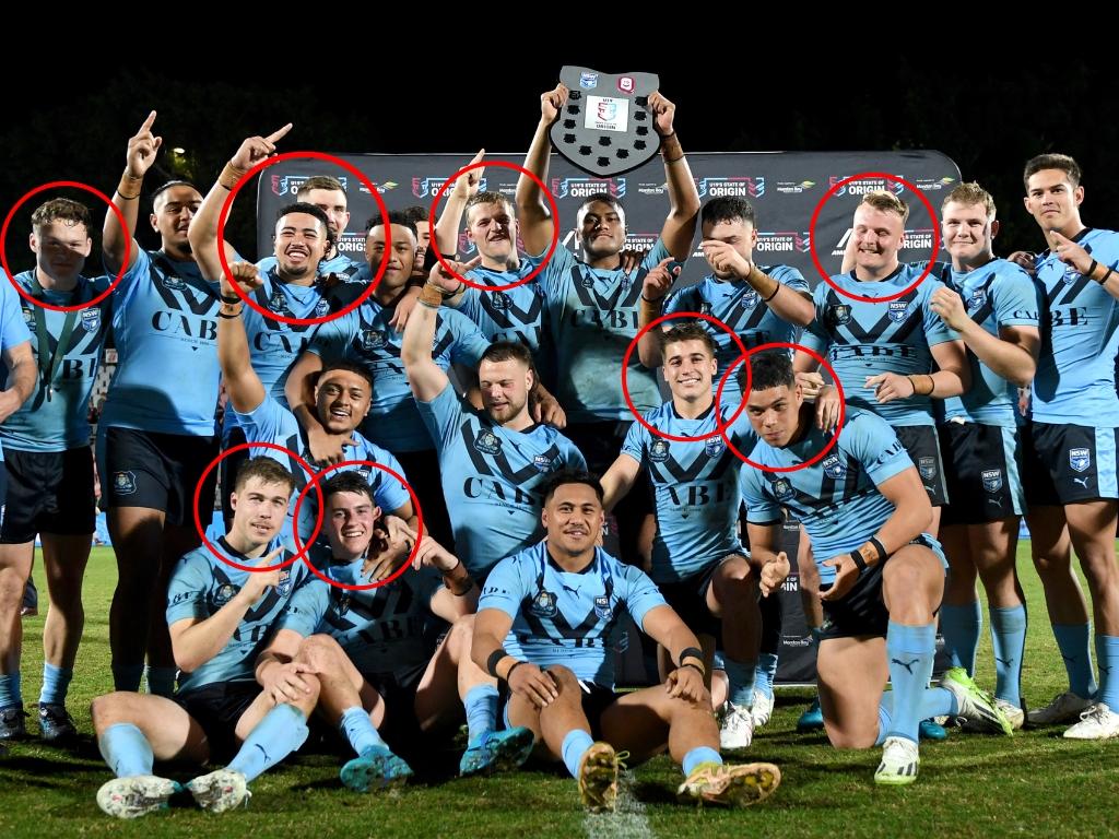 From the NSW Blues under-19s team: Top row (L to R): Ethan Strange, Luron Patea + Jake Clydsdale (same circle), Myles Martin, Harrison Hassett. Bottom row (L to R): Ethan Sanders, Billy Scott, Chevy Stewart, Savelio Tamale.